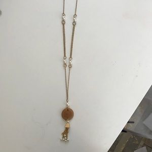 Long Necklace with Wood & Pearls Charm